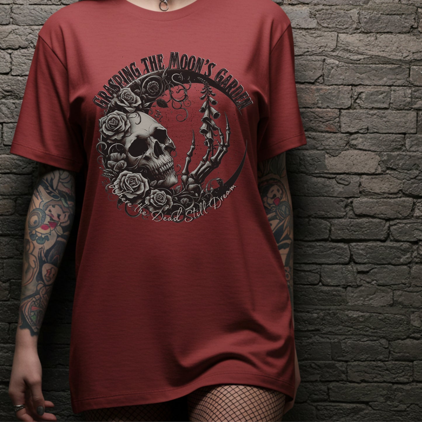 Grasping the Moon's Garden | Gothic Romantic Skull Crescent Moon | Cotton Unisex Heavyweight Tee | Distressed Grunge Graphic