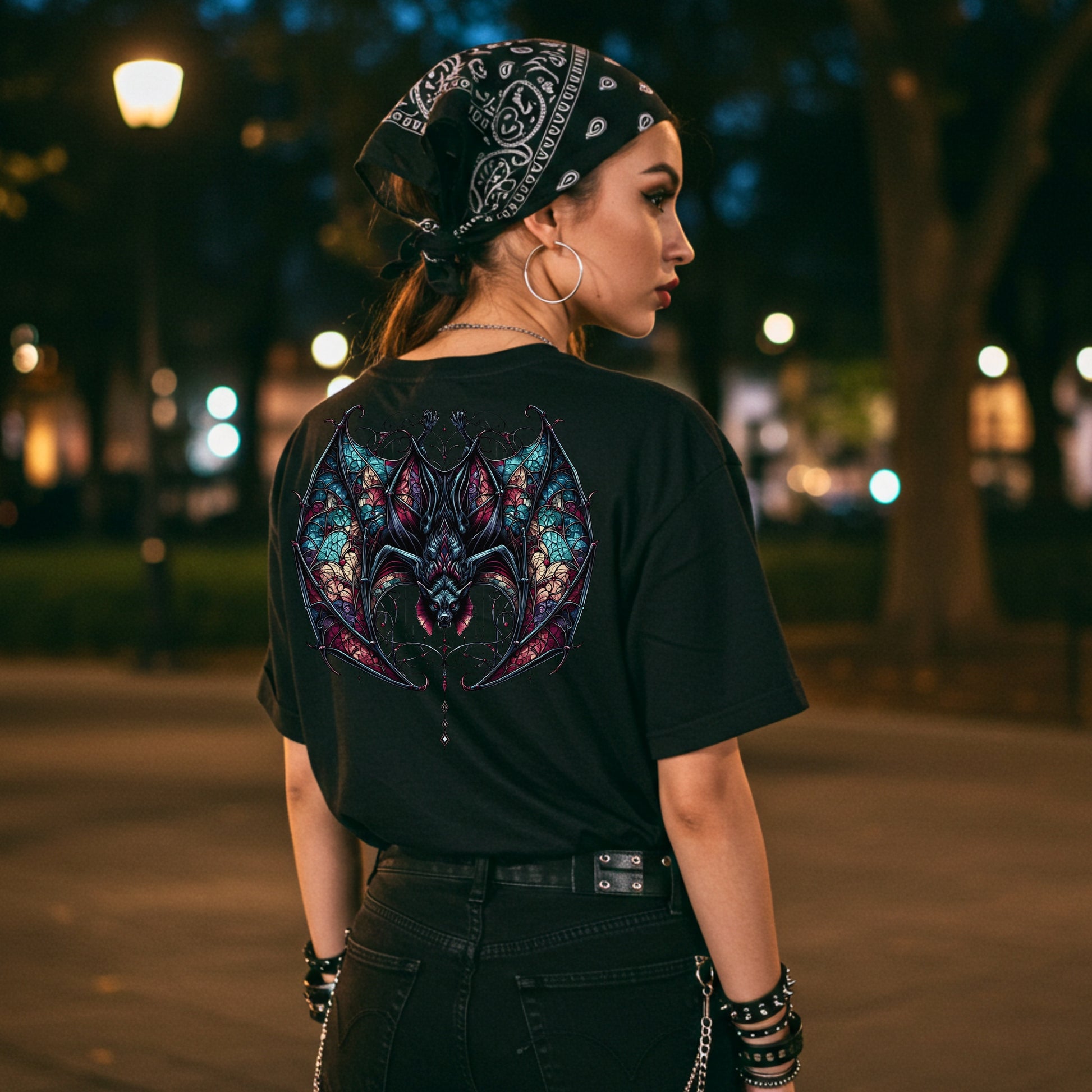 Person wearing a black t-shirt with a colorful design on the back, standing outdoors at night.