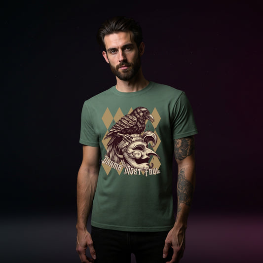 Man wearing a green t-shirt with a graphic design on a dark background