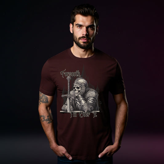 Man wearing a dark t-shirt with a graphic design on a dark background