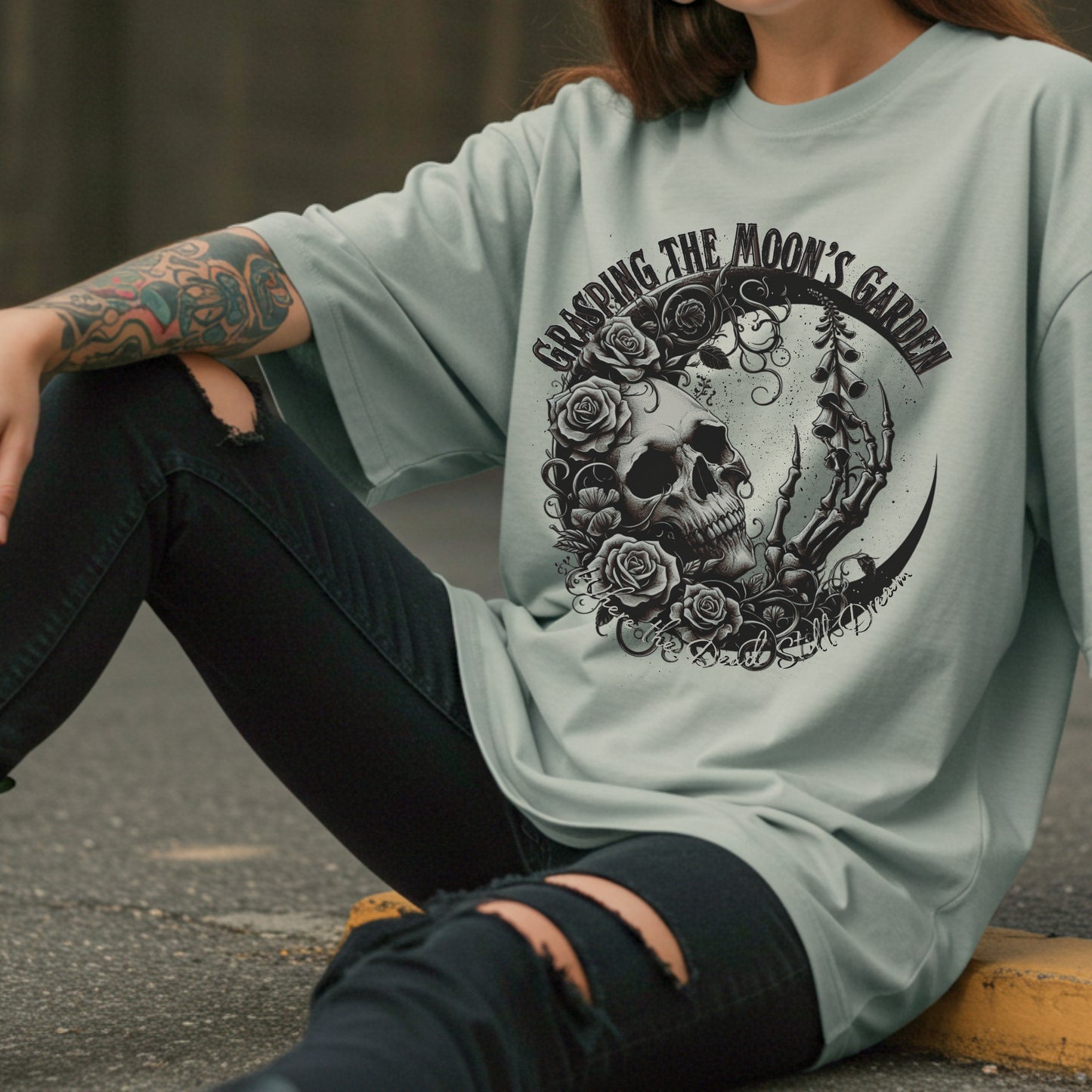 Grasping the Moon's Garden | Gothic Romantic Skull Crescent Moon | Cotton Unisex Heavyweight Tee | Distressed Grunge Graphic