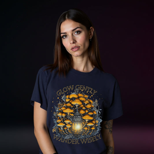 Woman wearing a navy blue t-shirt with a graphic design and text against a dark background