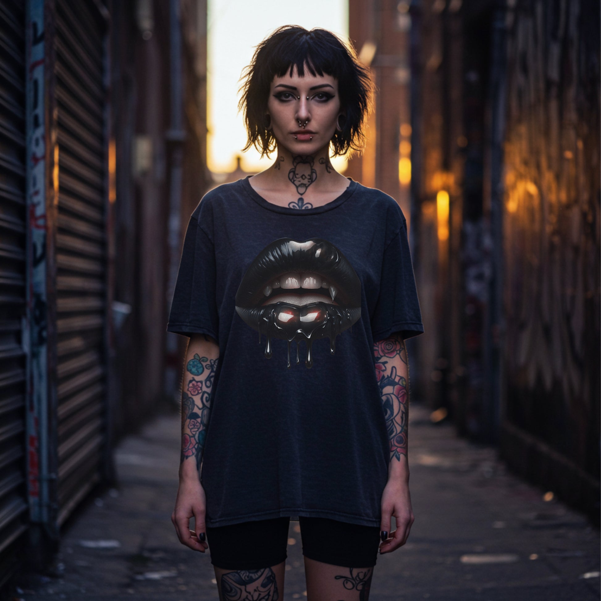 Person wearing a black t-shirt with a graphic design in an alleyway