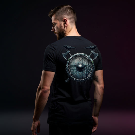 Shield of the Forgotten Viking T-Shirt | Norse Raven & Rune Warrior Tee