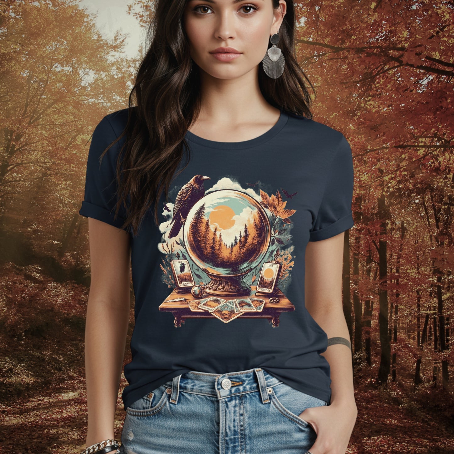 Autumn Divination Raven & Moon Tarot Shirt | Vintage Witchcore Fall Tee | Womens Top