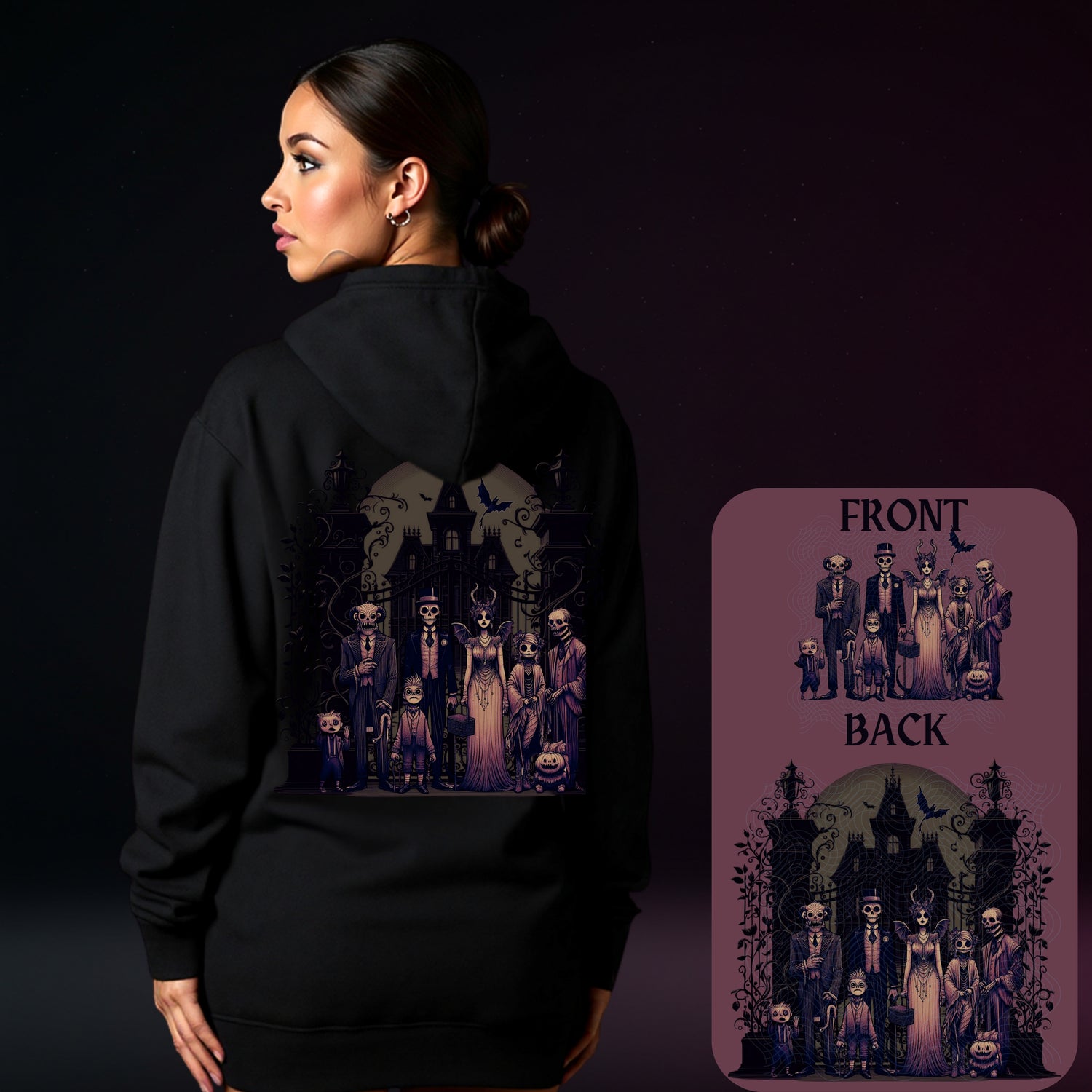 Woman wearing a black hoodie with a graphic design on the back, shown from the side, with an inset showing the front and back designs.