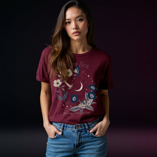 Flora Nox Tee | Dark Flora Moon with Moth Design T-Shirt | Gothic Bloom | Womens Cotton Top