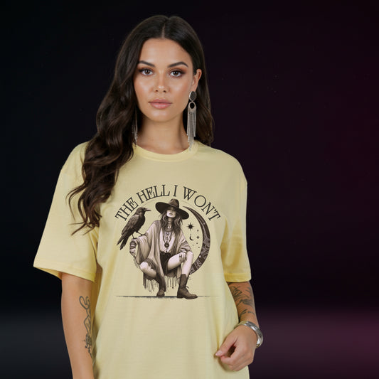 Woman wearing a yellow t-shirt with a graphic design and text on a dark background