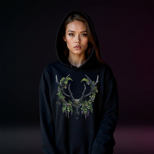 Whispers of Bone Hoodie | Gothic Deer Skull Nature Hoodie | Unisex Heavy Sweatshirt