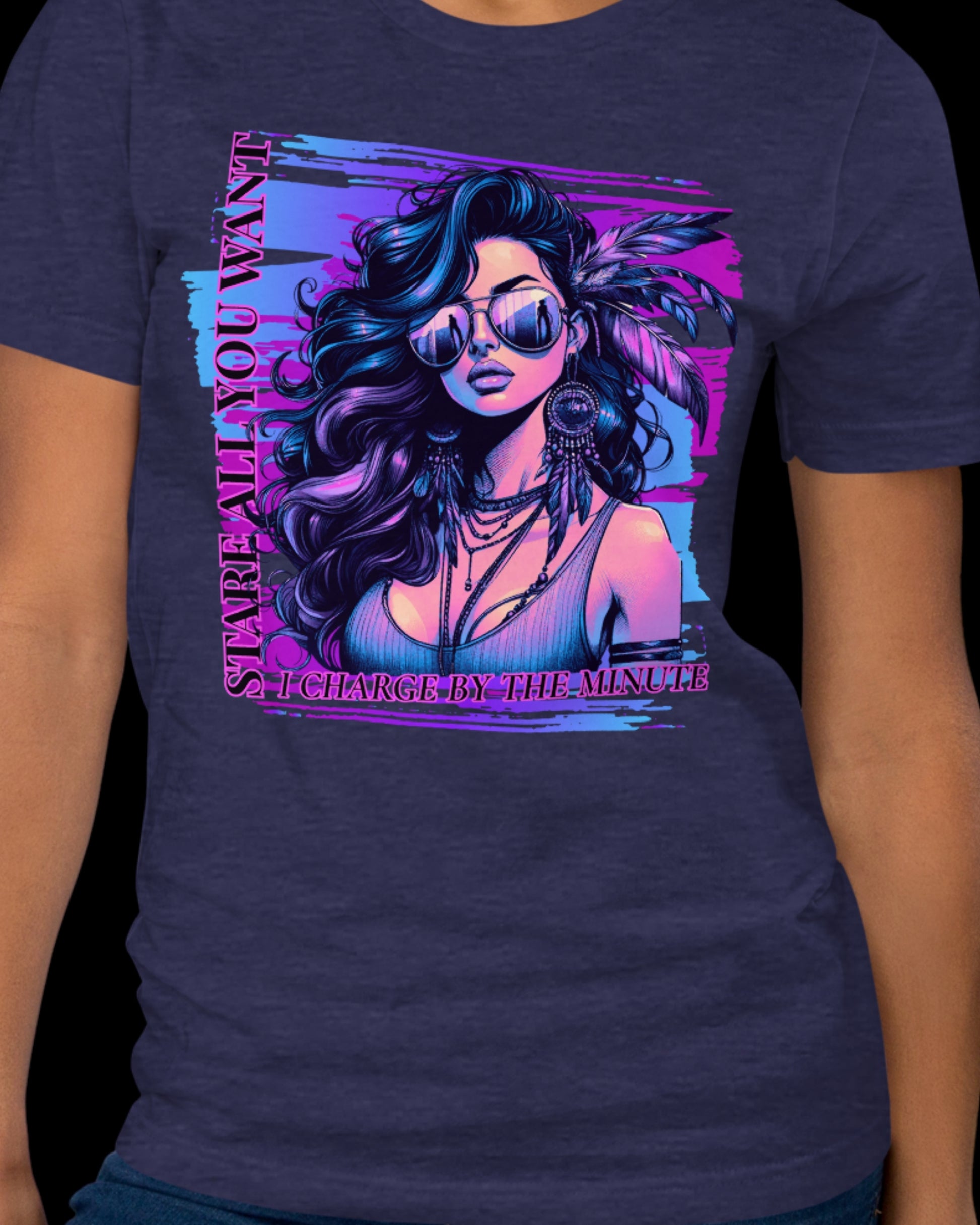 Navy blue t-shirt with a colorful graphic of a woman with sunglasses and text on a black background