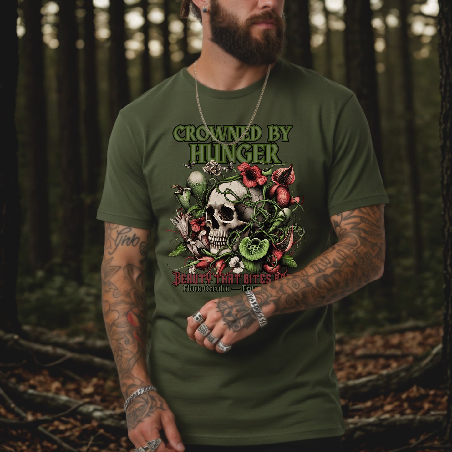 Crowned by Hunger Skull Tee | Botanical Gothic Flora Occulta Shirt | Unisex Mens Cotton T-Shirt