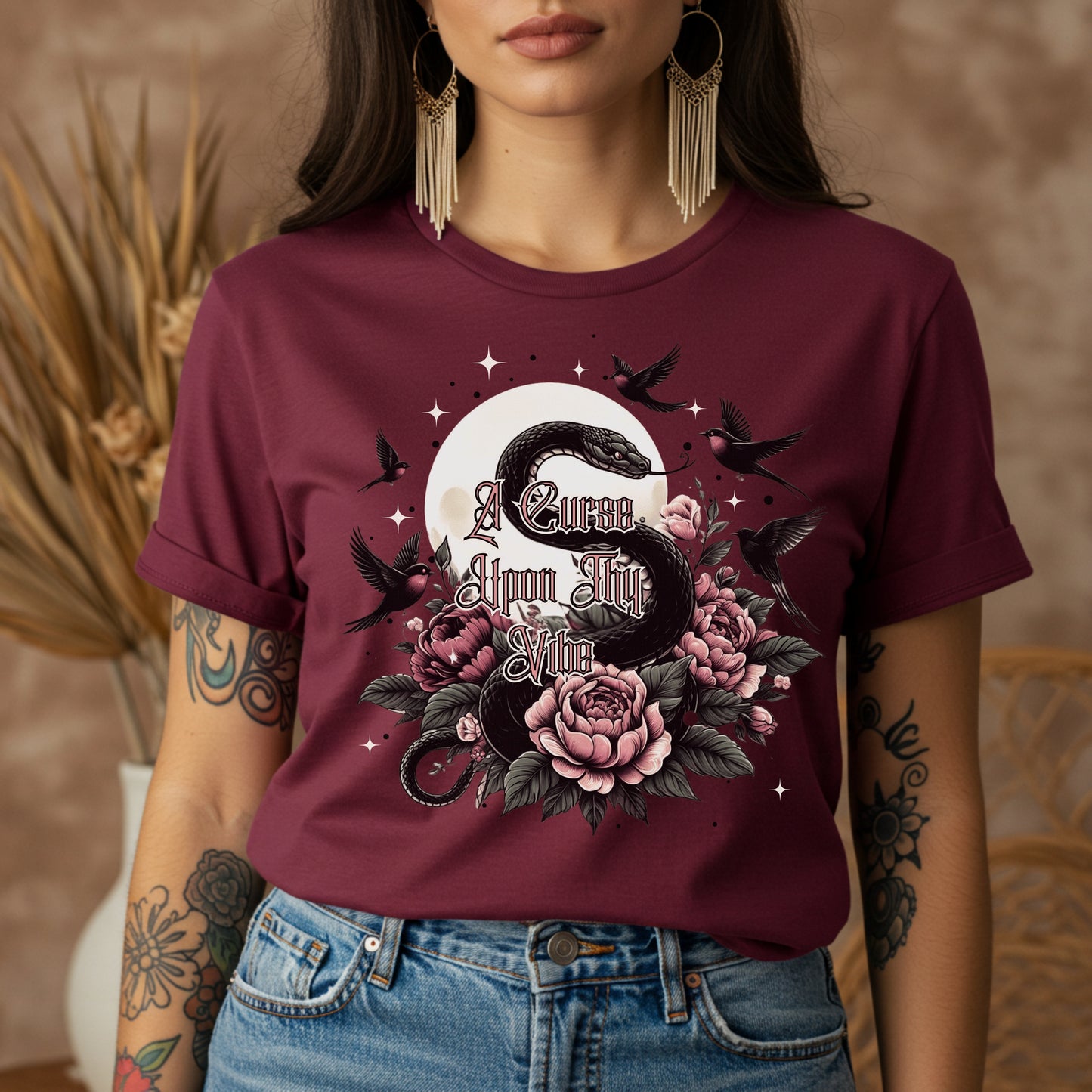 A Curse Upon Thy Vibe Tee | Snake Moon Tattoo Witch Shirt | Edgy Occult Floral | Womens Cotton T-Shirt