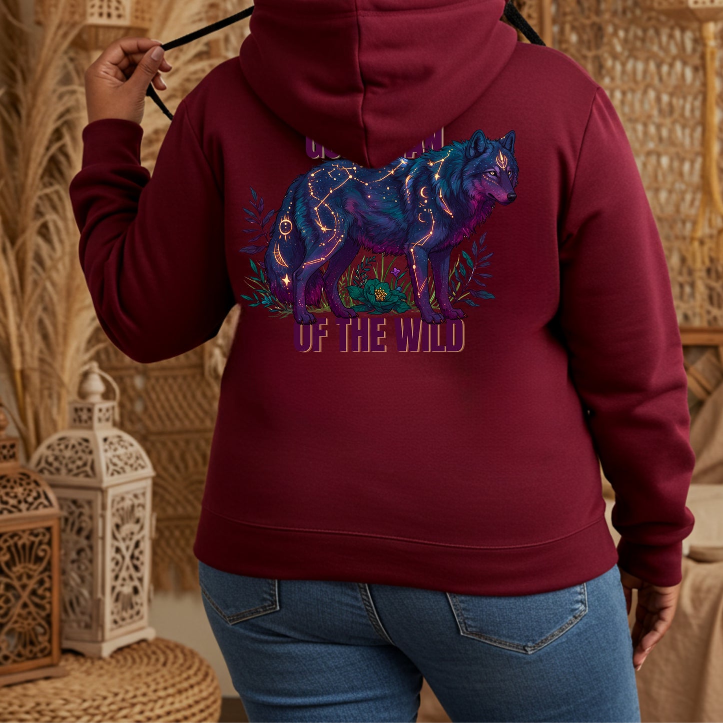 Guardian of the Wild Hoodie | Celestial Wolf in Teal & Maroon | Mystical Forest Vibes