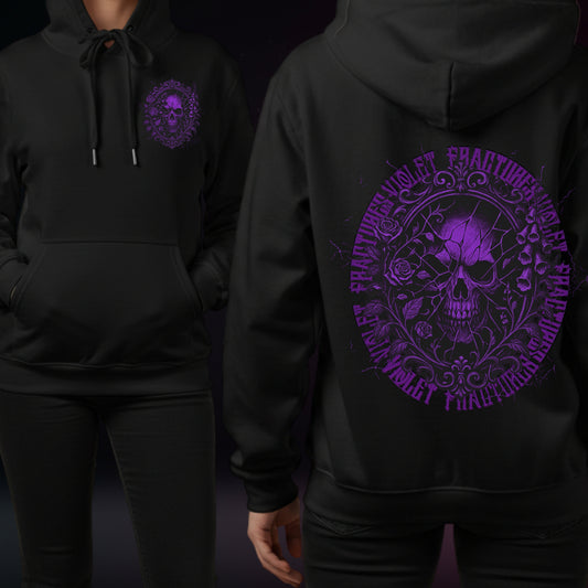 Black hoodie with purple skull design on the front and back, worn by a person.