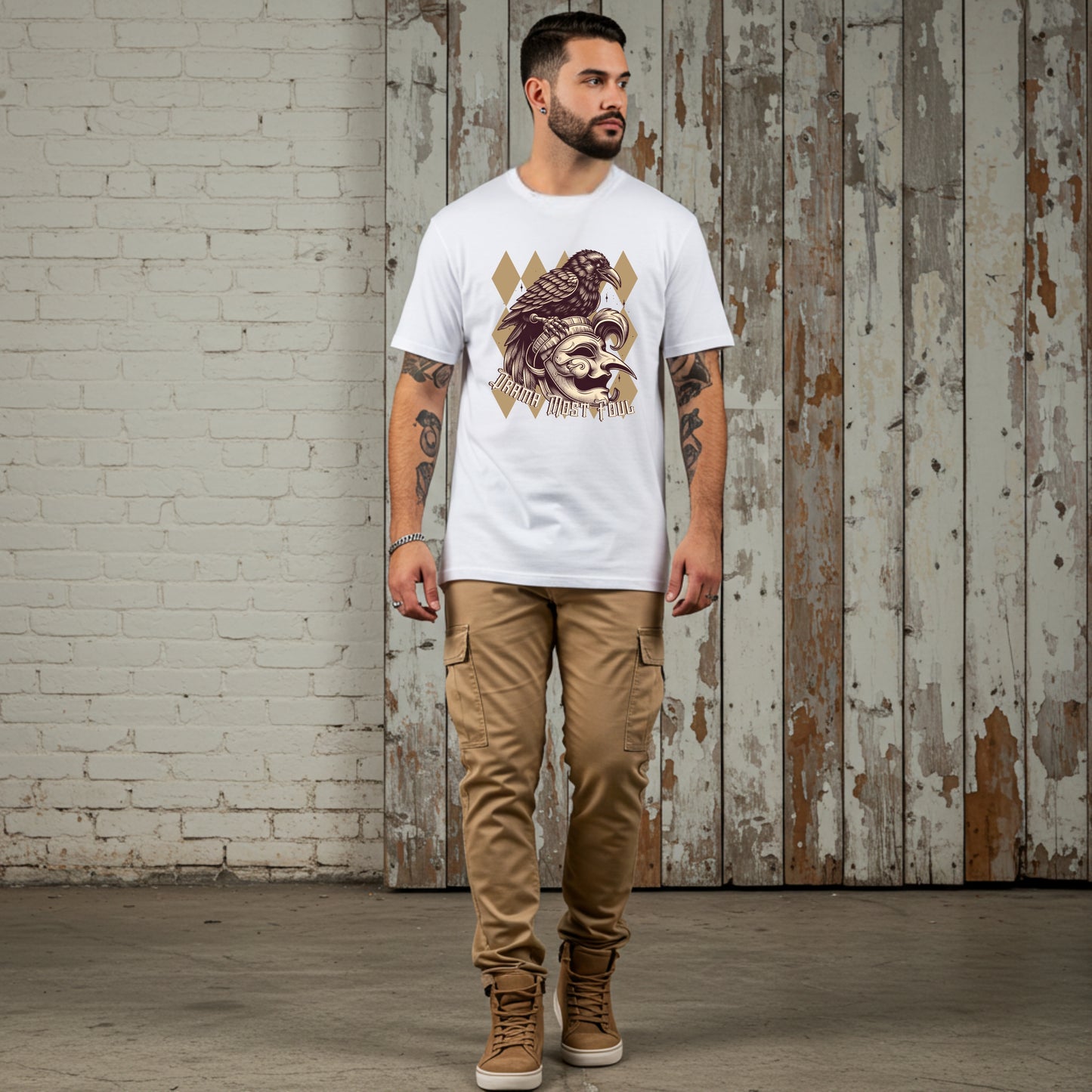 Drama Most Foul Tee | Gothic Renaissance Raven Mask Shirt | Medieval Diamond Pattern