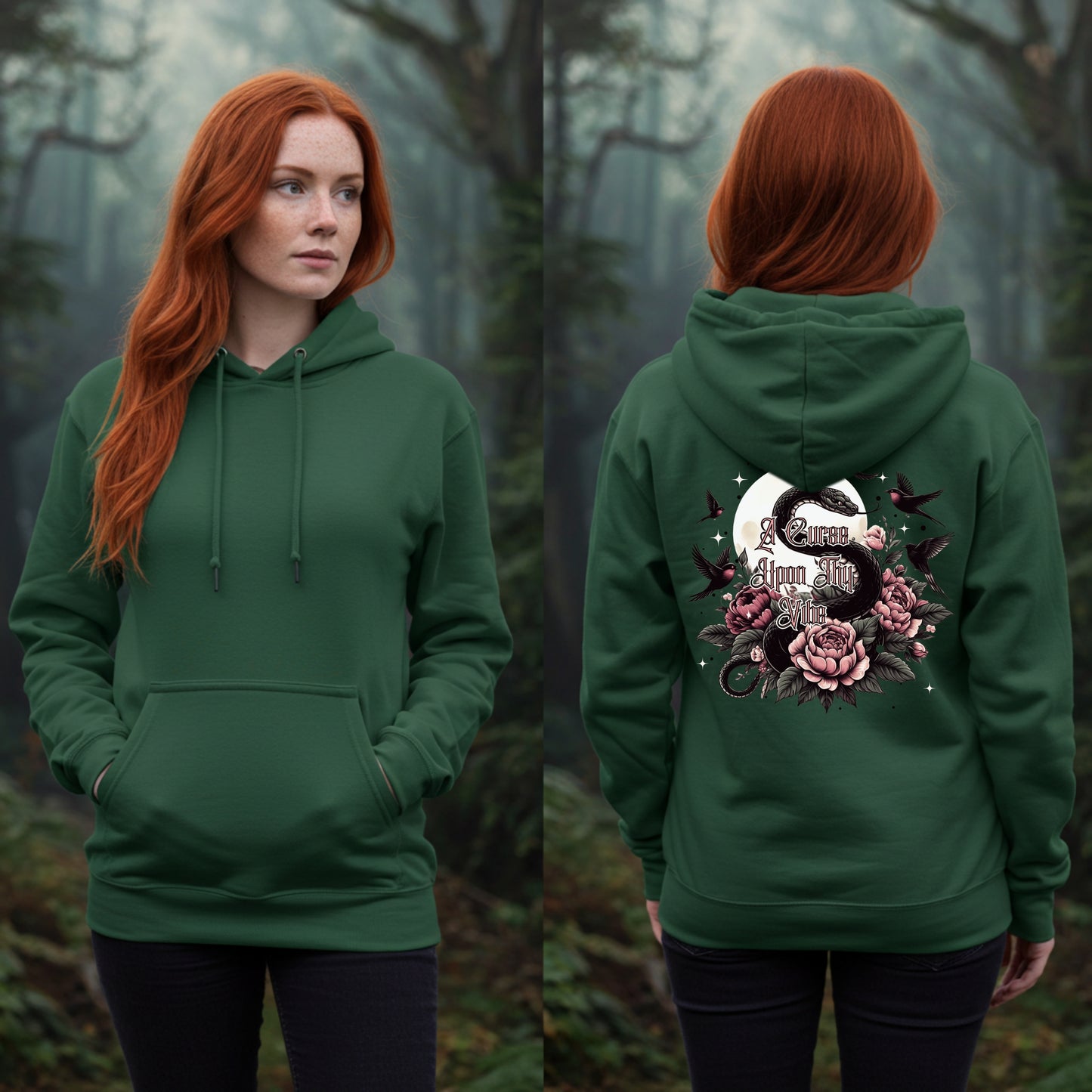 A Curse Upon Thy Vibe Hoodie | Snake Moon & Sparrow Tattoo Witch Sweatshirt | Womens Cozy Hoodie