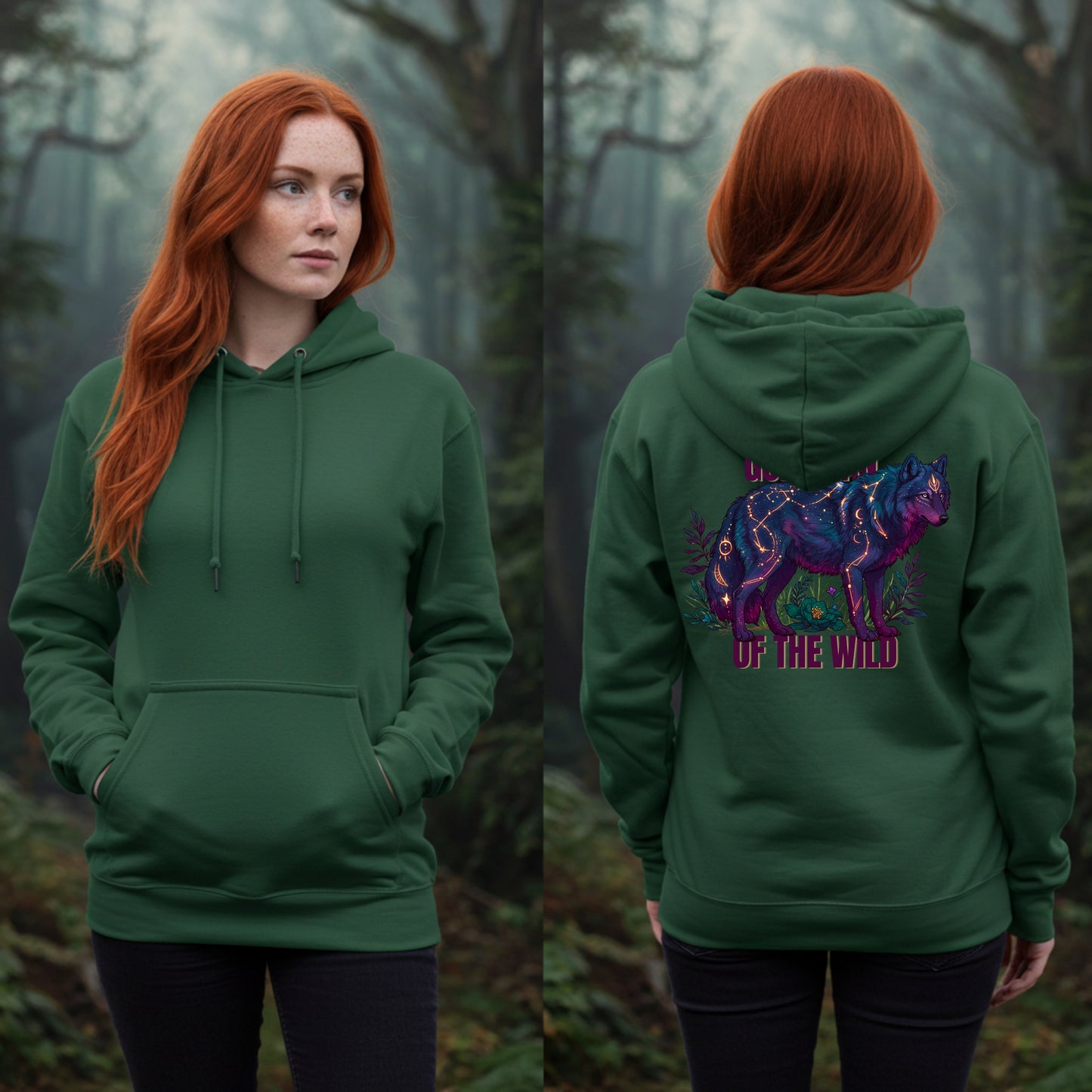 Guardian of the Wild Hoodie | Celestial Wolf in Teal & Maroon | Mystical Forest Vibes