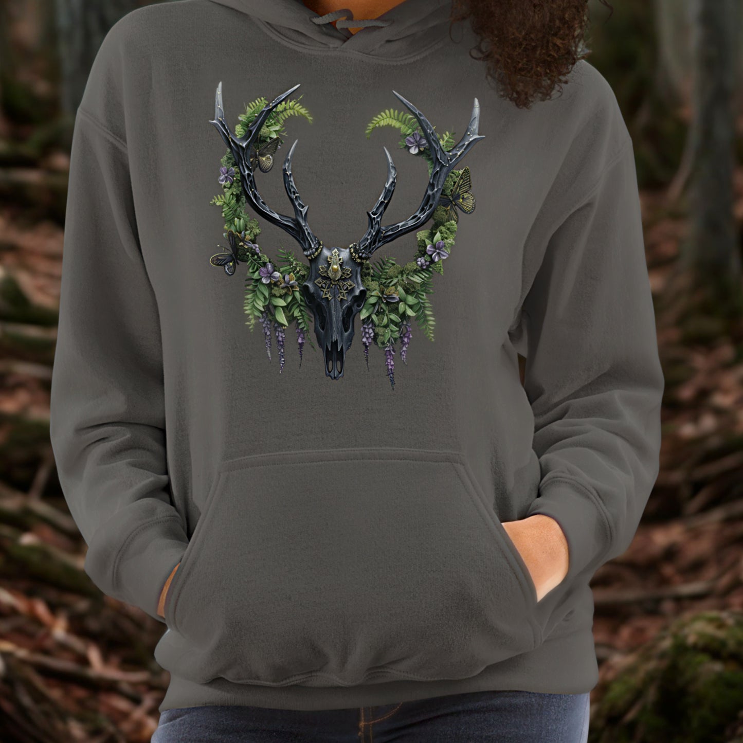 Whispers of Bone Hoodie | Gothic Deer Skull Nature Hoodie | Unisex Heavy Sweatshirt
