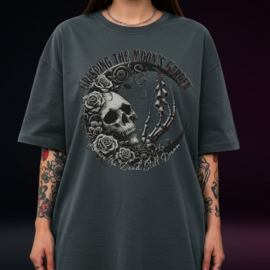 Grasping the Moon's Garden | Gothic Romantic Skull Crescent Moon | Cotton Unisex Heavyweight Tee | Distressed Grunge Graphic