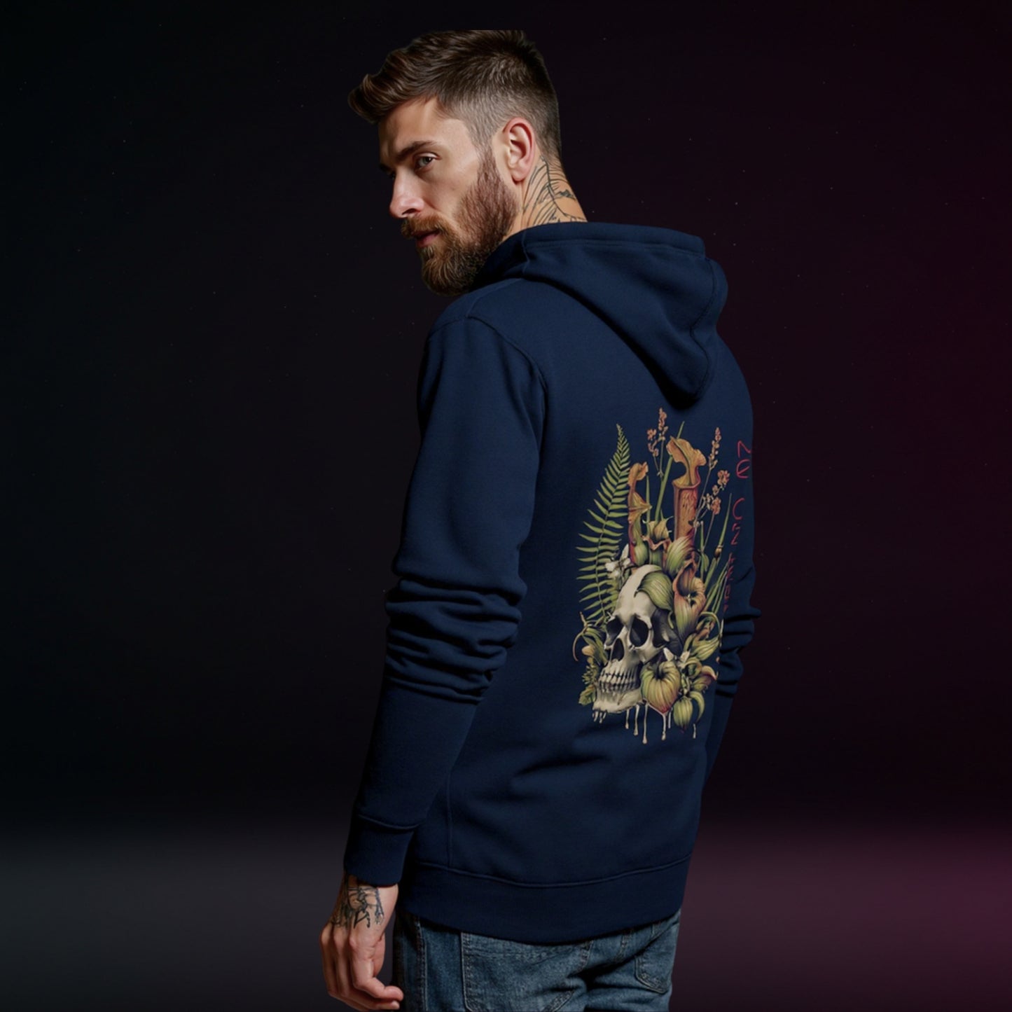 Decay’s Throne Hoodie | Gothic Botanical Skull & Carnivorous Plant Design