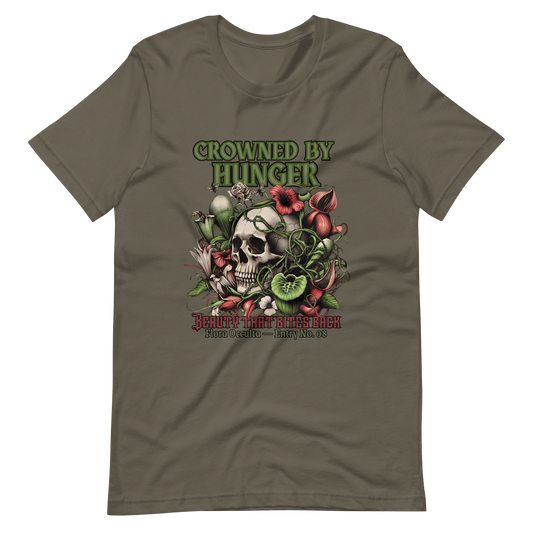 Crowned by Hunger Skull Tee | Botanical Gothic Flora Occulta Shirt | Unisex Mens Cotton T-Shirt
