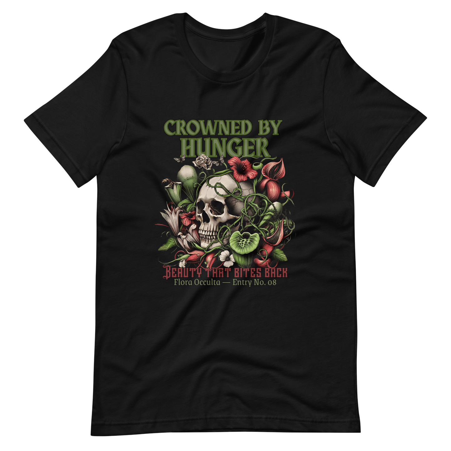 Crowned by Hunger Skull Tee | Botanical Gothic Flora Occulta Shirt | Unisex Mens Cotton T-Shirt