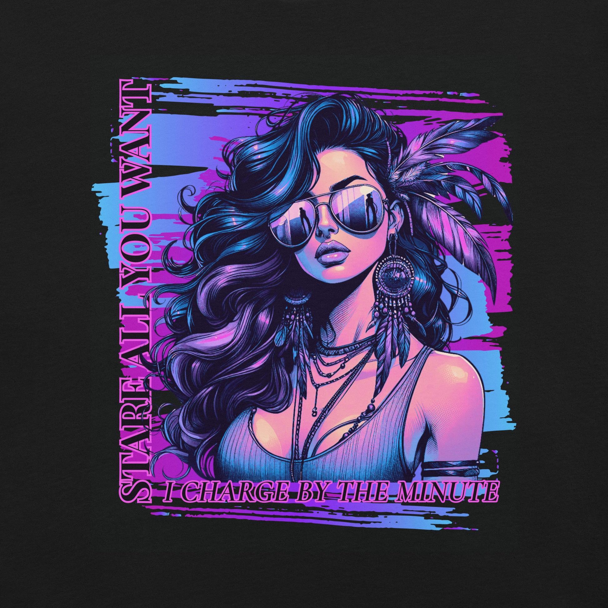 Illustration of a woman with sunglasses and feather headdress on a dark background