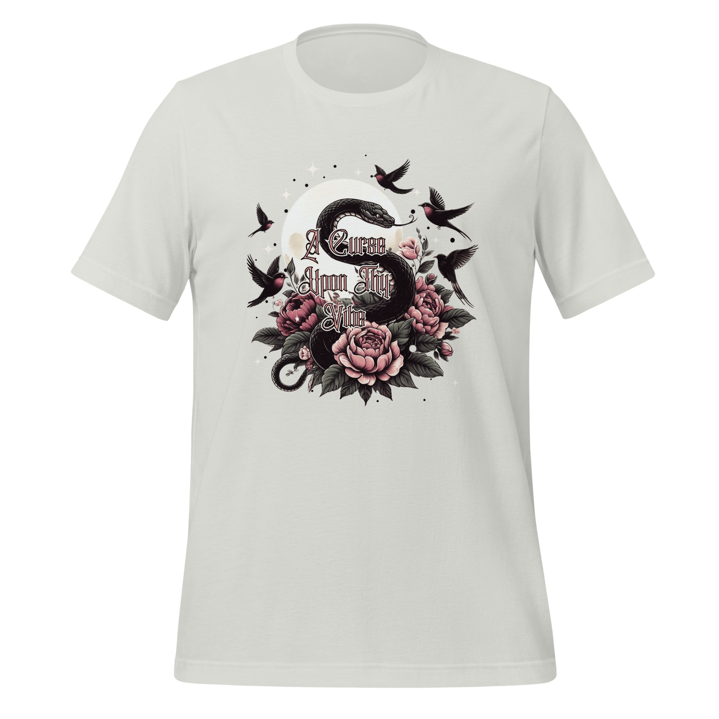 A Curse Upon Thy Vibe Tee | Snake Moon Tattoo Witch Shirt | Edgy Occult Floral | Womens Cotton T-Shirt