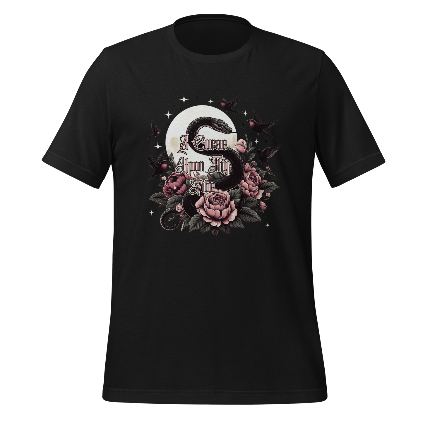 A Curse Upon Thy Vibe Tee | Snake Moon Tattoo Witch Shirt | Edgy Occult Floral | Womens Cotton T-Shirt