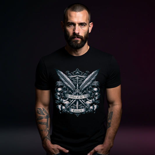 Man wearing a black t-shirt with a detailed graphic design on a dark background