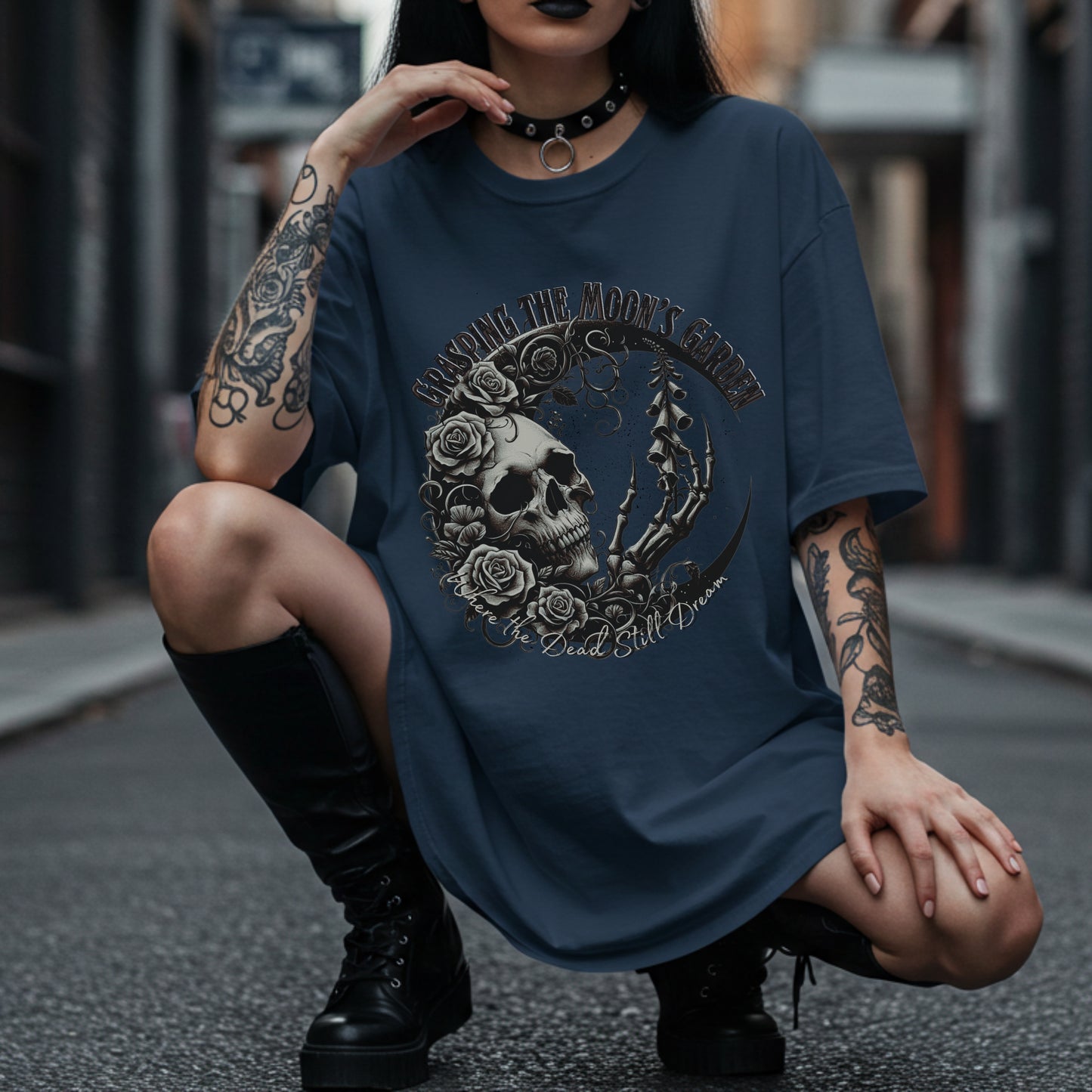 Grasping the Moon's Garden | Gothic Romantic Skull Crescent Moon | Cotton Unisex Heavyweight Tee | Distressed Grunge Graphic