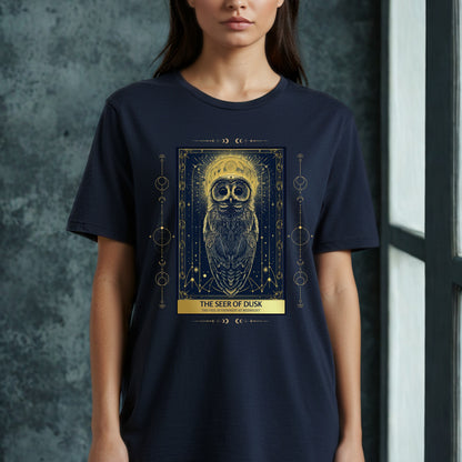The Seer of Dusk Tarot Owl Shirt | Celestial Graphic Tee with Back Print | Bella Canvas 3001 Unisex T-Shirt | Witchy Fantasy Shirt