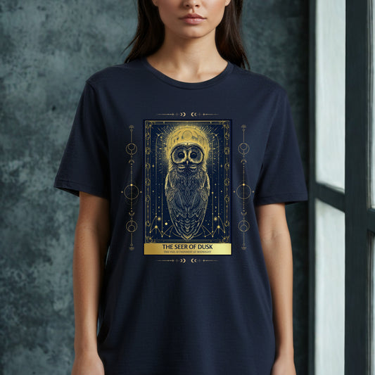 The Seer of Dusk Tarot Owl Shirt | Celestial Graphic Tee with Back Print | Bella Canvas 3001 Unisex T-Shirt | Witchy Fantasy Shirt