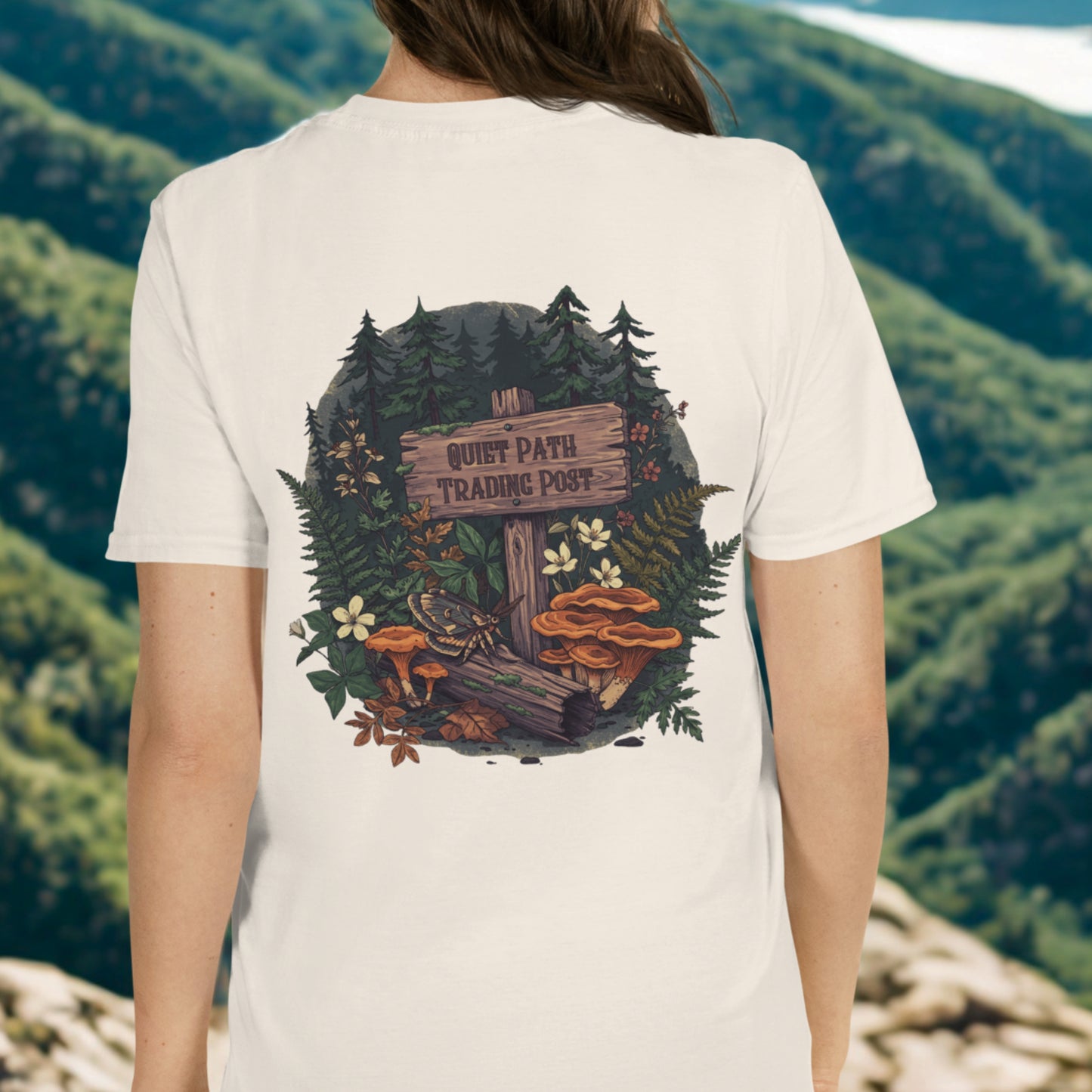 Quiet Path Trading Post Tee | Vintage Forest Trail Moth Shirt | Botanical Gift