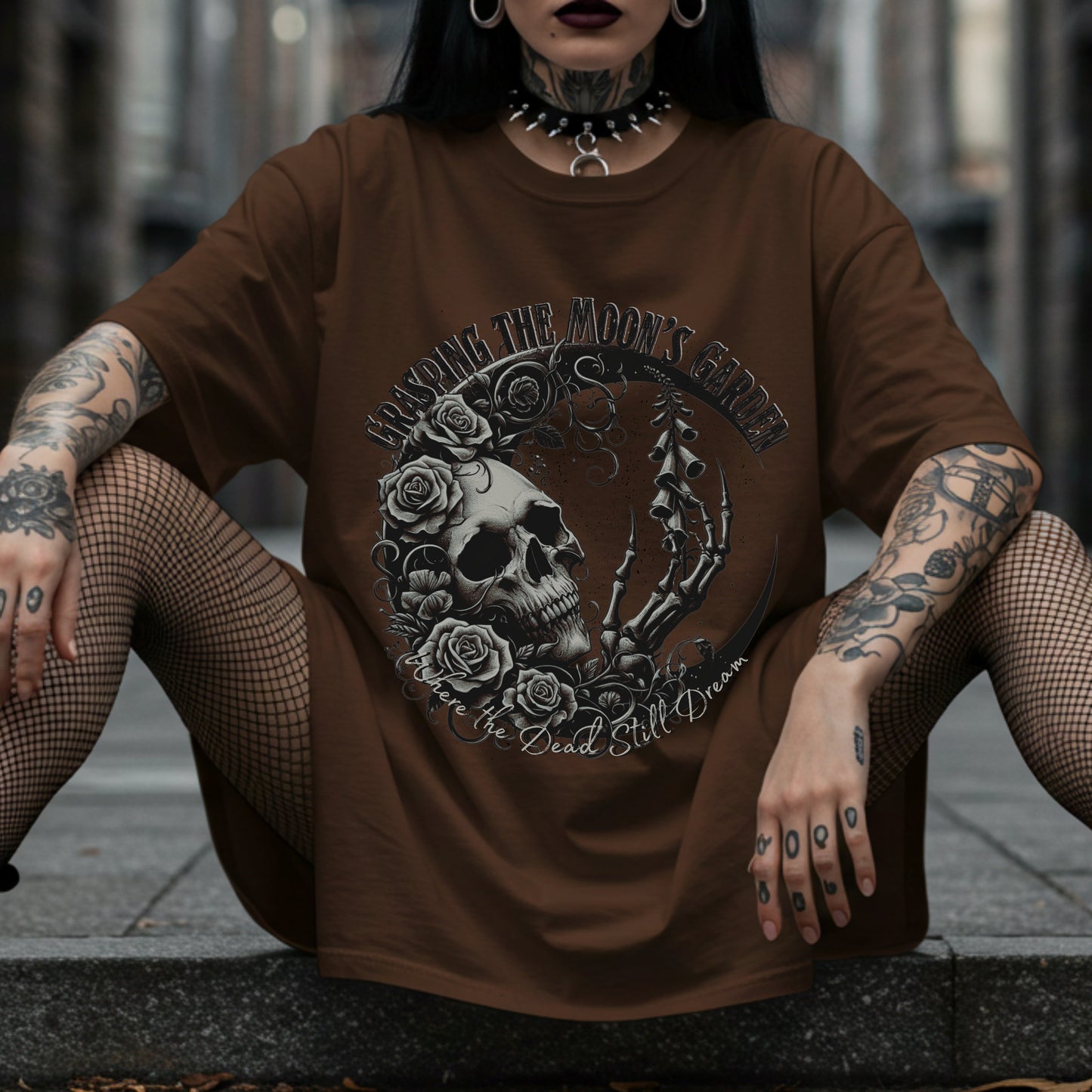 Grasping the Moon's Garden | Gothic Romantic Skull Crescent Moon | Cotton Unisex Heavyweight Tee | Distressed Grunge Graphic