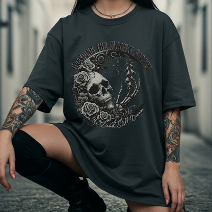 Grasping the Moon's Garden | Gothic Romantic Skull Crescent Moon | Cotton Unisex Heavyweight Tee | Distressed Grunge Graphic