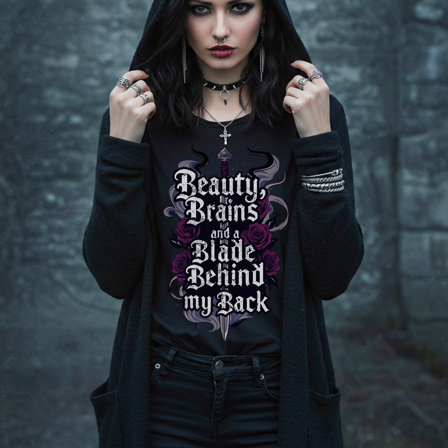 Beauty Brains Blade Tee | Gothic Rose & Dagger Tattoo Shirt | Feminine Strength Top