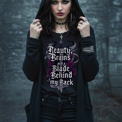 Beauty Brains Blade Tee | Gothic Rose & Dagger Tattoo Shirt | Feminine Strength Top