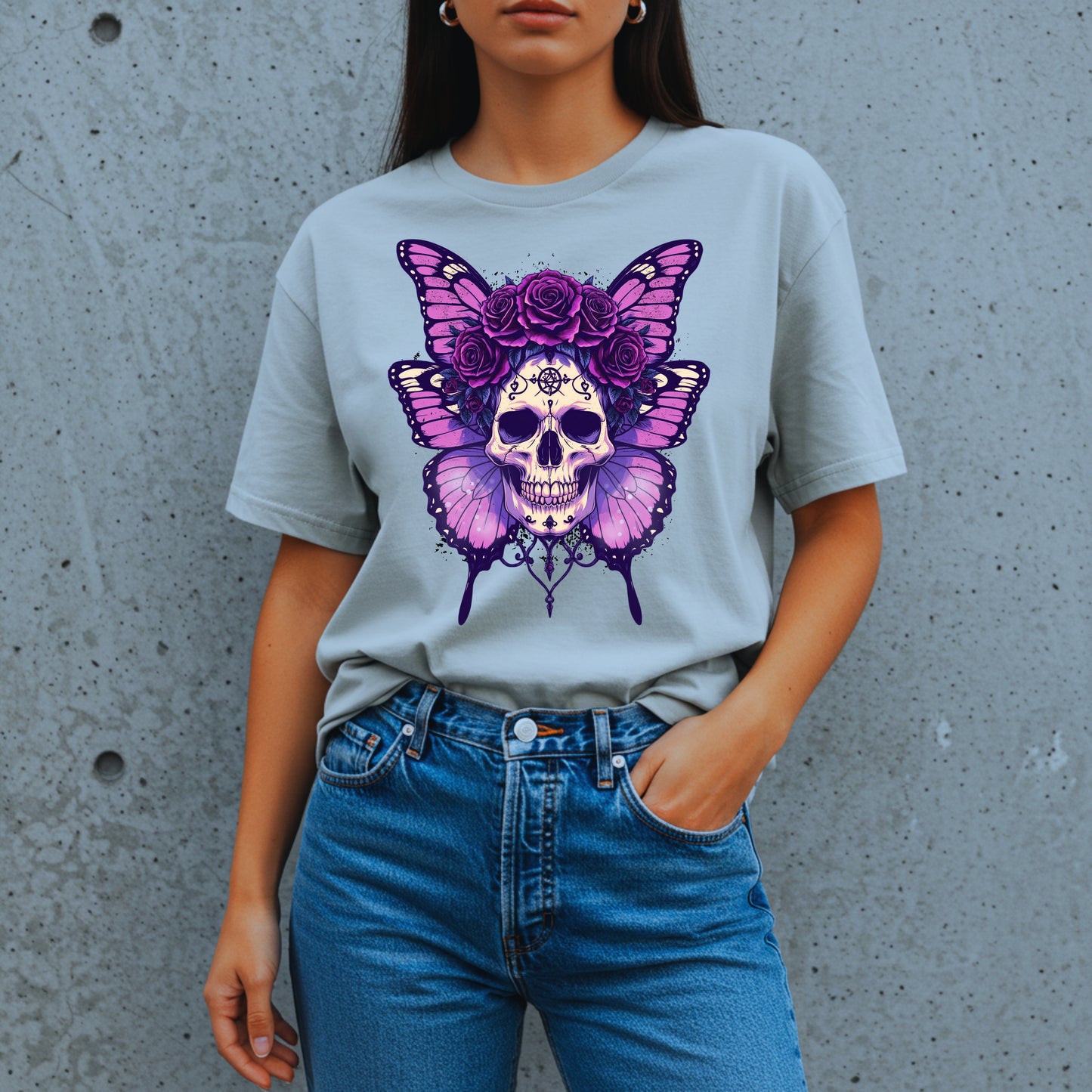 Crowned In Rebellion Skull Butterfly Rose Tee | Gothic Punk Witch Shirt | Alt Goth | Womens Cotton T-Shirt