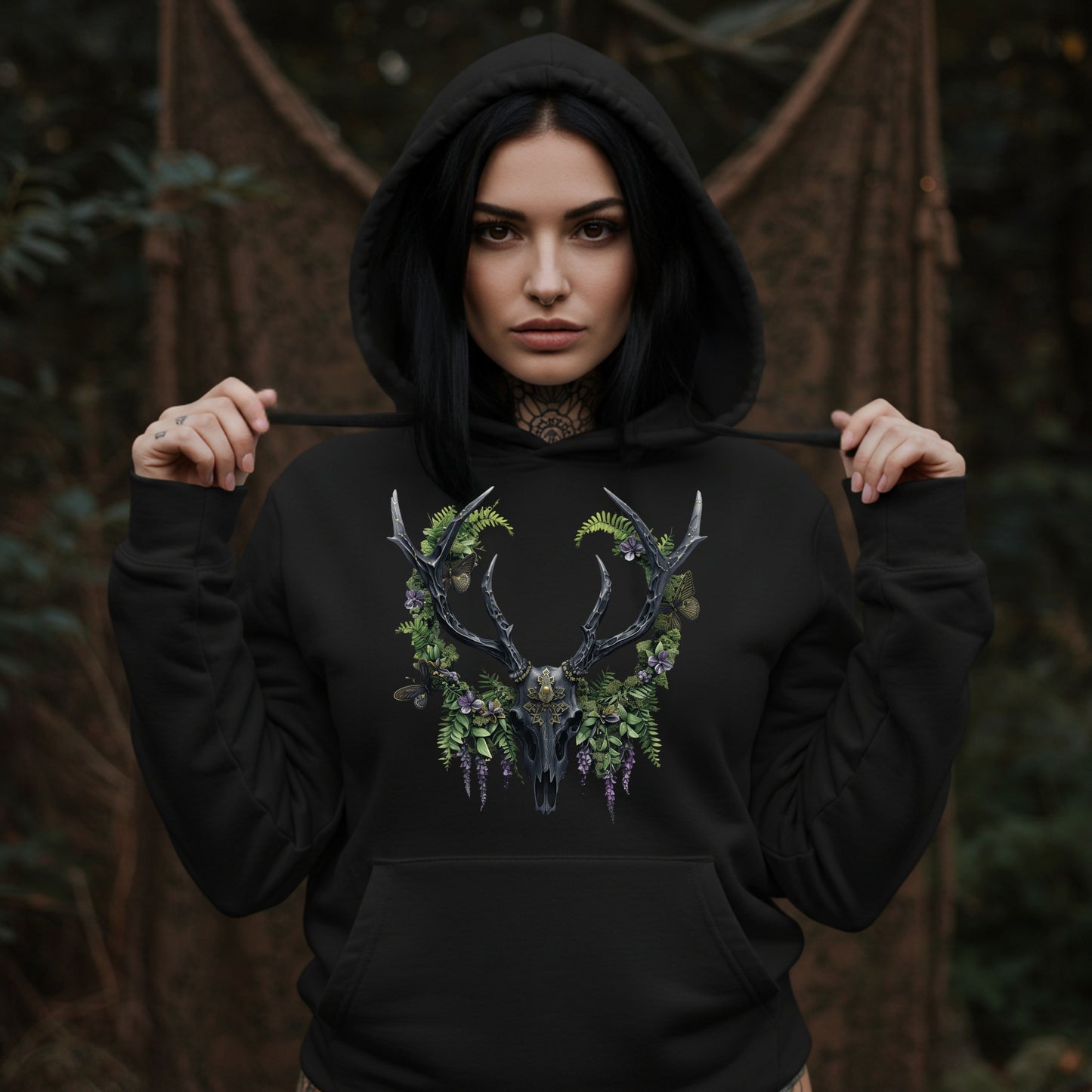 Whispers of Bone Hoodie | Gothic Deer Skull Nature Hoodie | Unisex Heavy Sweatshirt