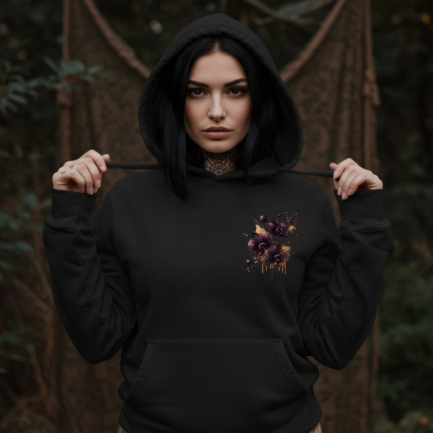 Moonlit Gold Orchid Hoodie | Dark Divine Unisex Premium | Womens Cotton Sweatshirt