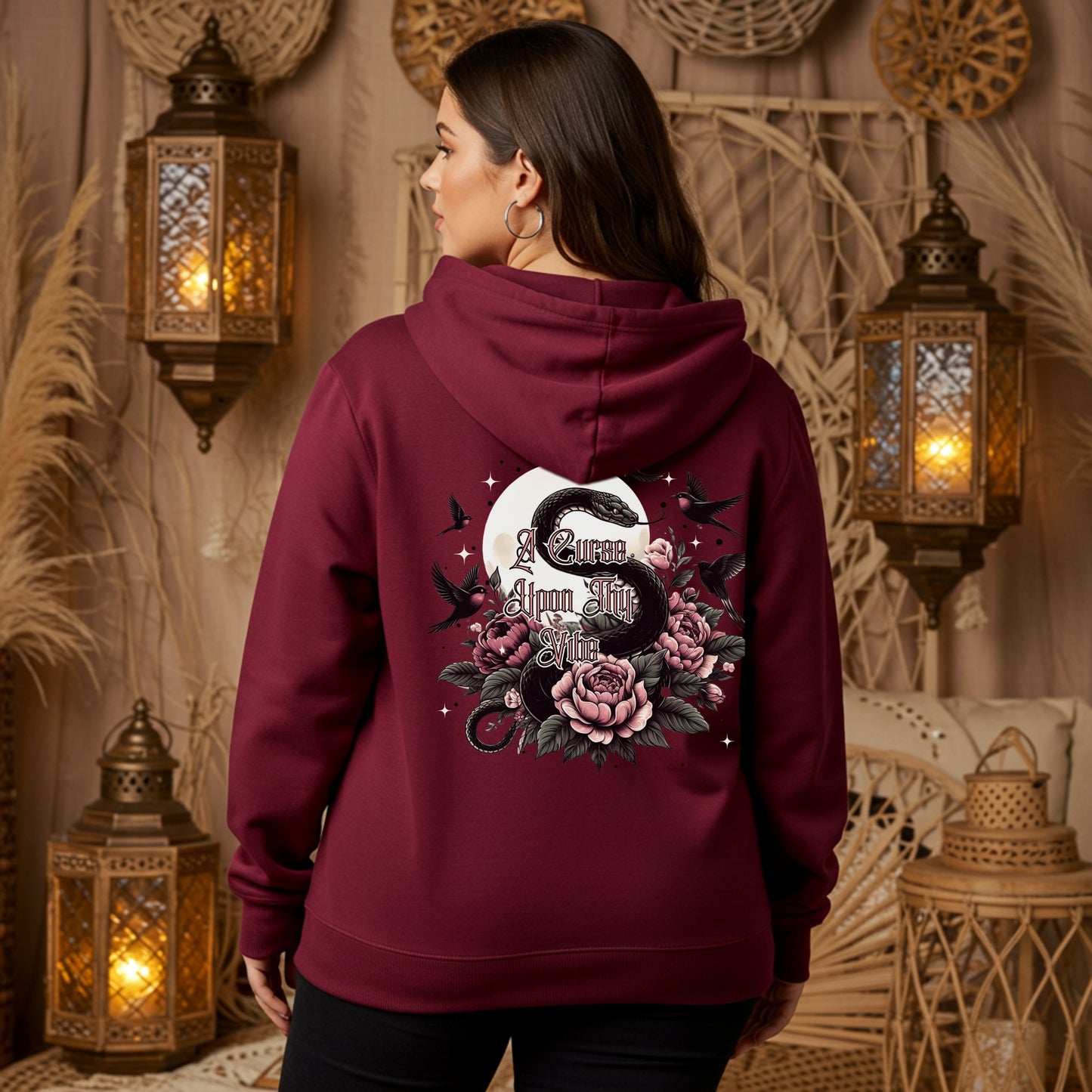 A Curse Upon Thy Vibe Hoodie | Snake Moon & Sparrow Tattoo Witch Sweatshirt | Womens Cozy Hoodie