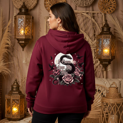 A Curse Upon Thy Vibe Hoodie | Snake Moon & Sparrow Tattoo Witch Sweatshirt | Womens Cozy Hoodie