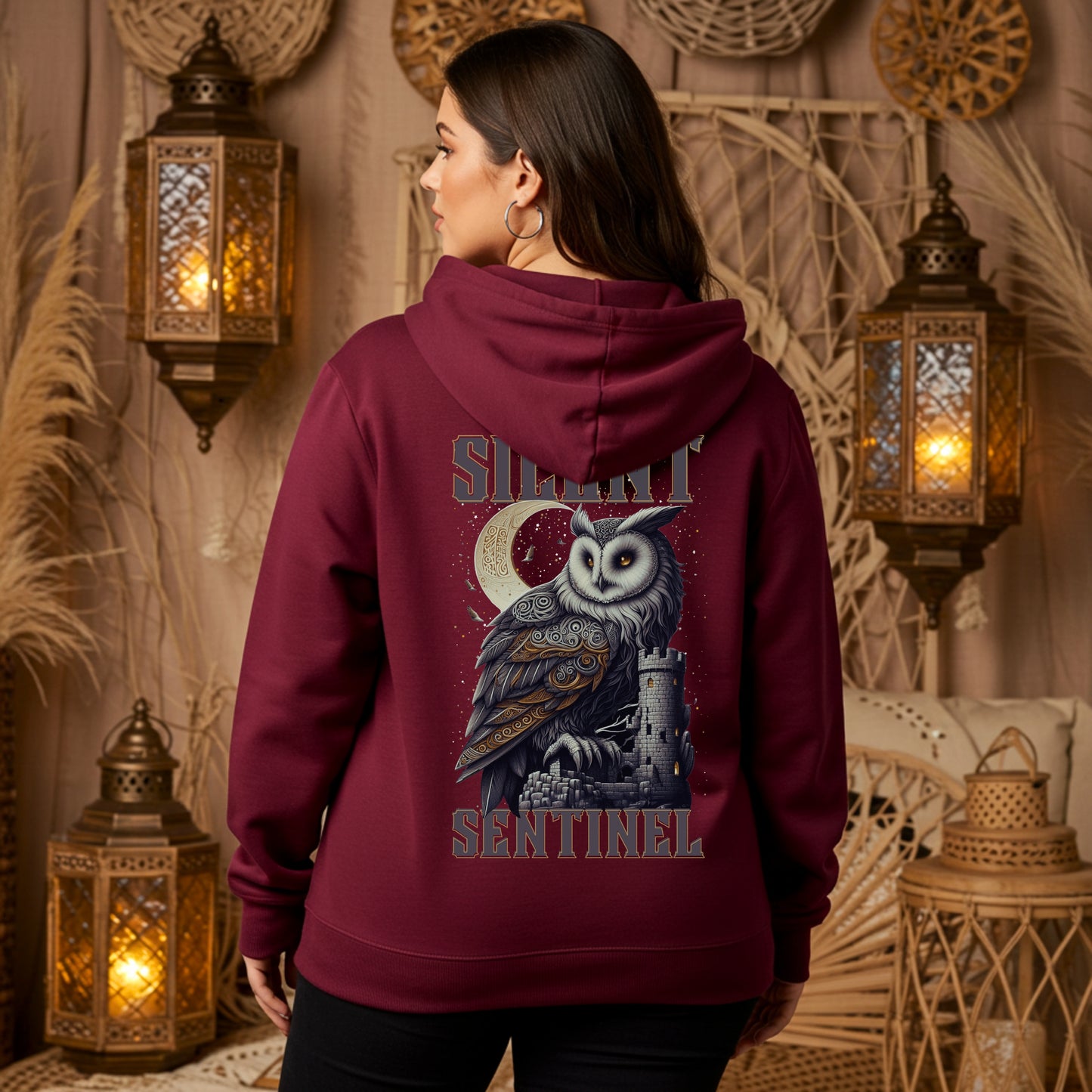 Silent Sentinel Hoodie | Gothic Owl & Moon Unisex | Medieval Sweatshirt