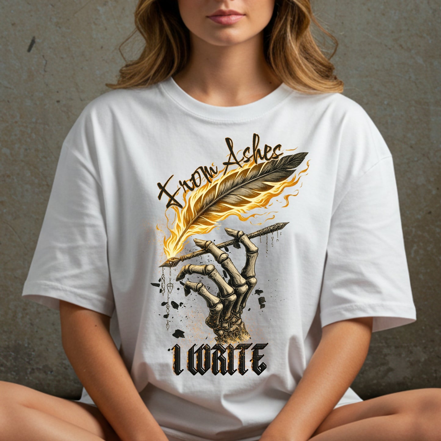 From Ashes I Write Tee | Gothic Quill & Flame Shirt | Cotton Unisex Top