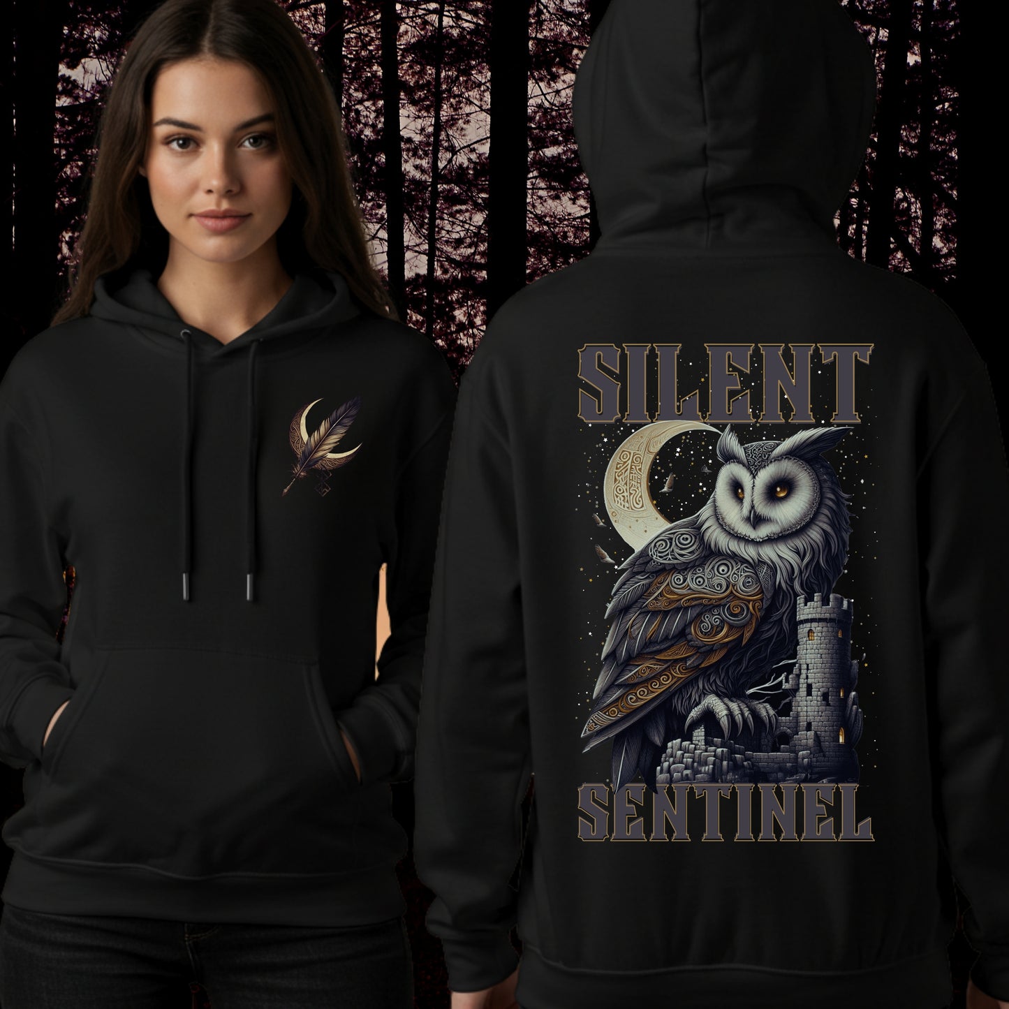 Silent Sentinel Hoodie | Gothic Owl & Moon Unisex | Medieval Sweatshirt