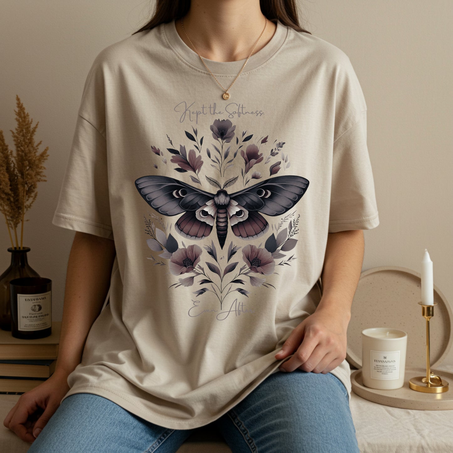 Kept the Softness Even After Moth Tee | Vintage Botanical Luna Moth Shirt | Womens Cotton Top