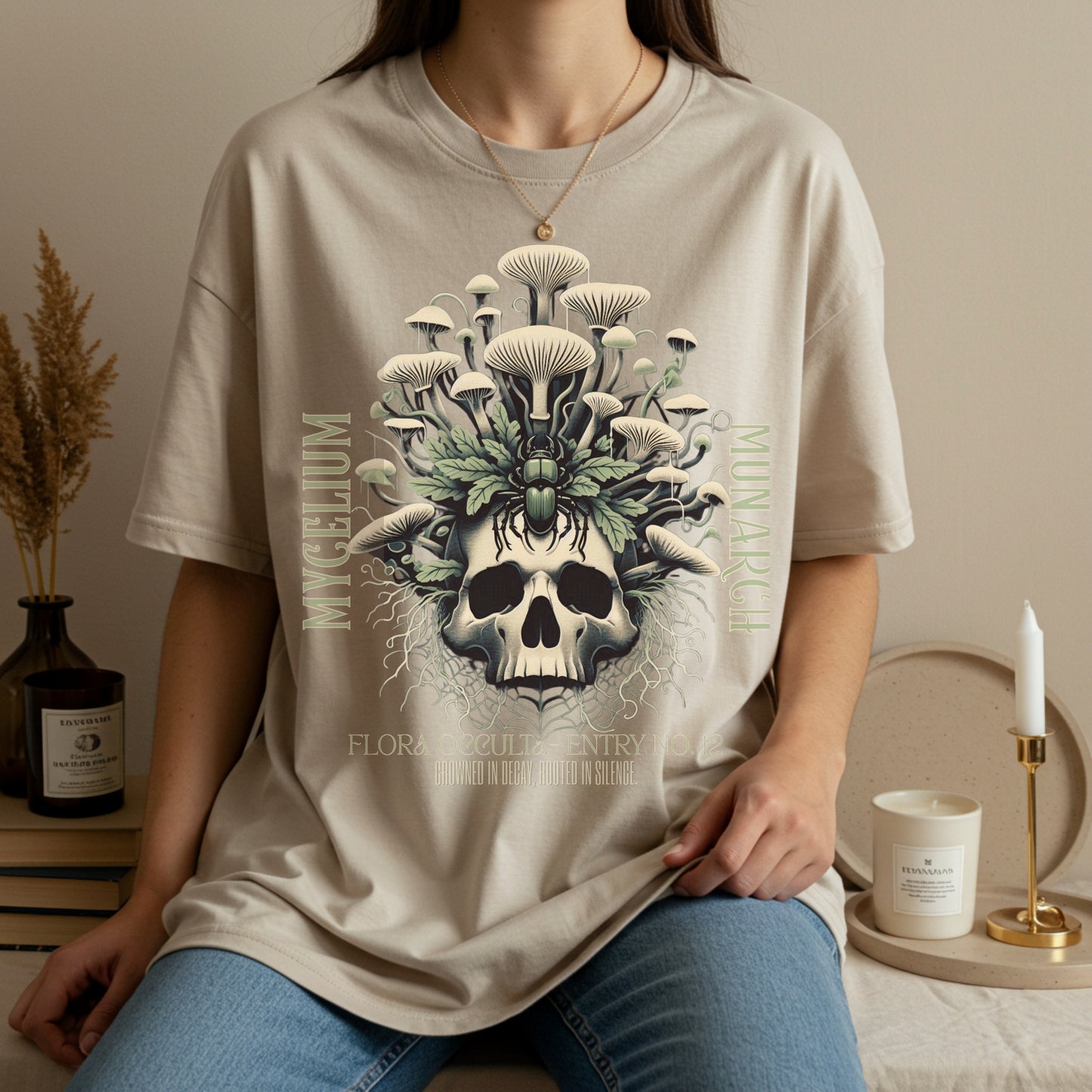 Mycelium Monarch Skull Mushroom Tee | Botanical Gothic Fungi Shirt | Unisex Cotton T-Shirt