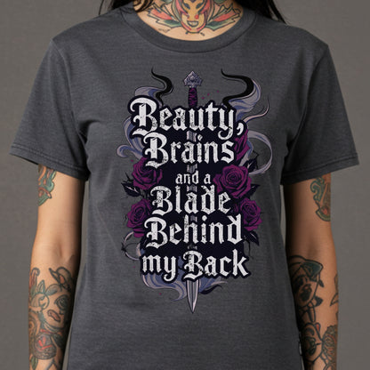 Beauty Brains Blade Tee | Gothic Rose & Dagger Tattoo Shirt | Feminine Strength Top