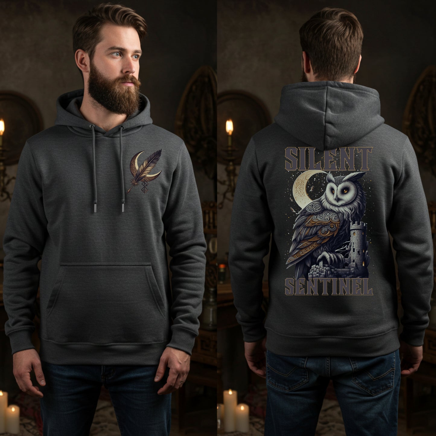 Silent Sentinel Hoodie | Gothic Owl & Moon Unisex | Medieval Sweatshirt
